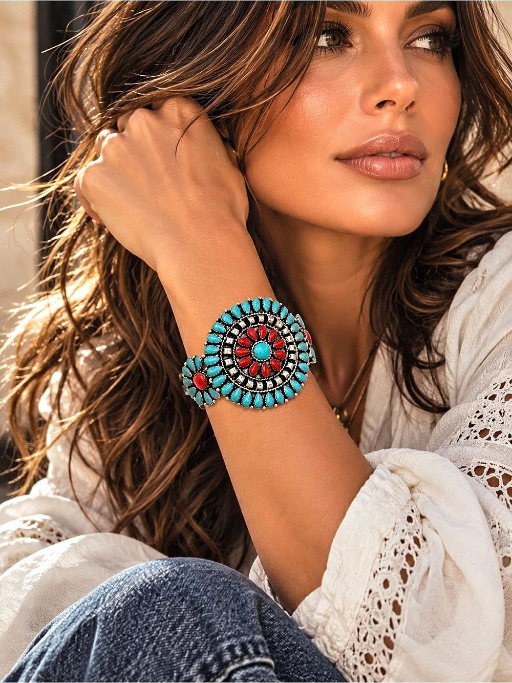 Turquoise & Red Stone Cuff Bracelet